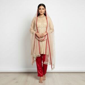 Women's Pakistani 3-Piece Indian Pakistani Salwar Kameez - Gold/Red, Medium